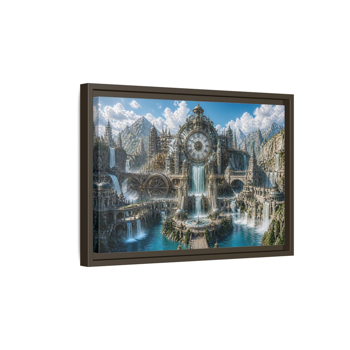 Side Mockup 5. Clockwork Water Citadel shown as framed canvas print