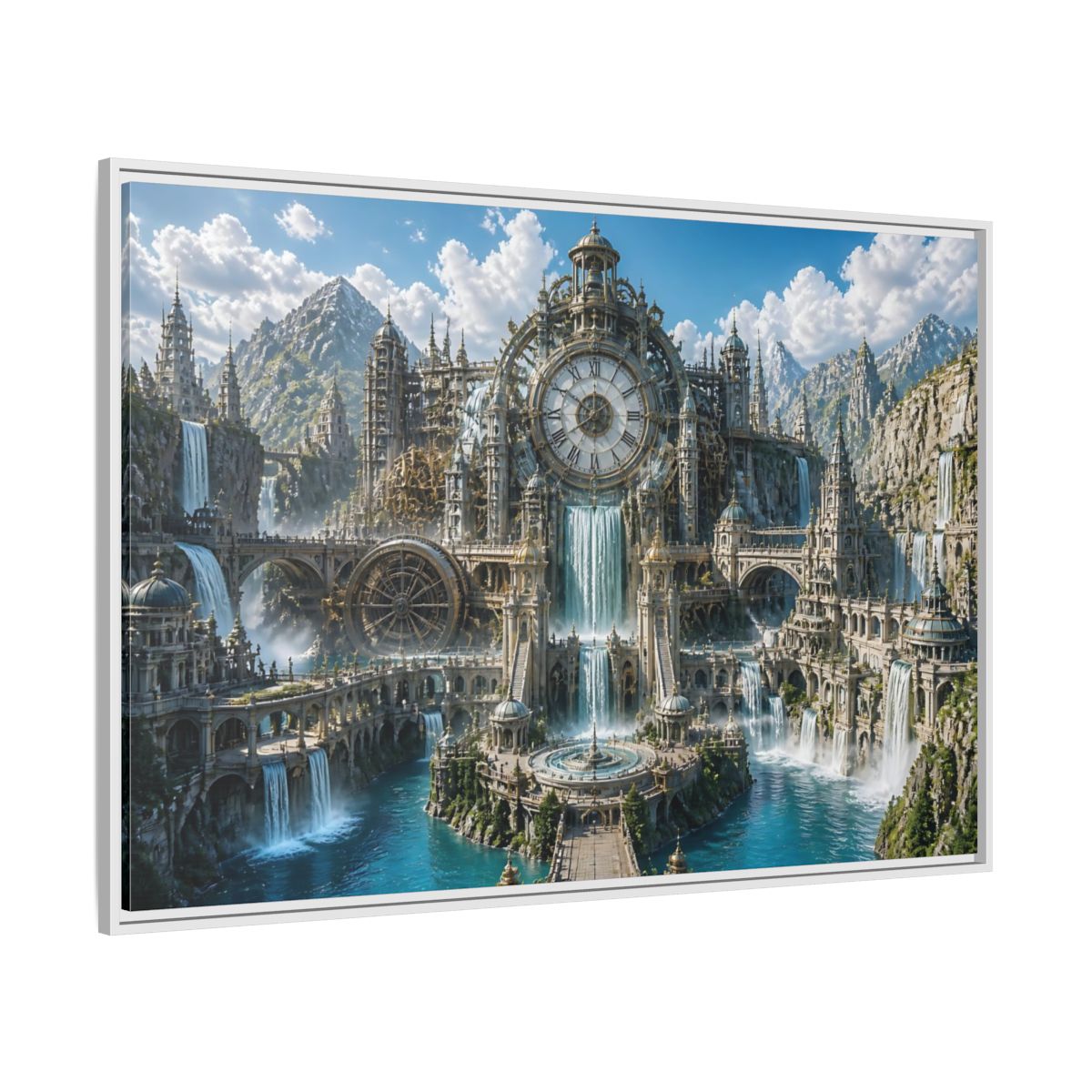 Side Mockup 7. Clockwork Water Citadel shown as framed canvas print
