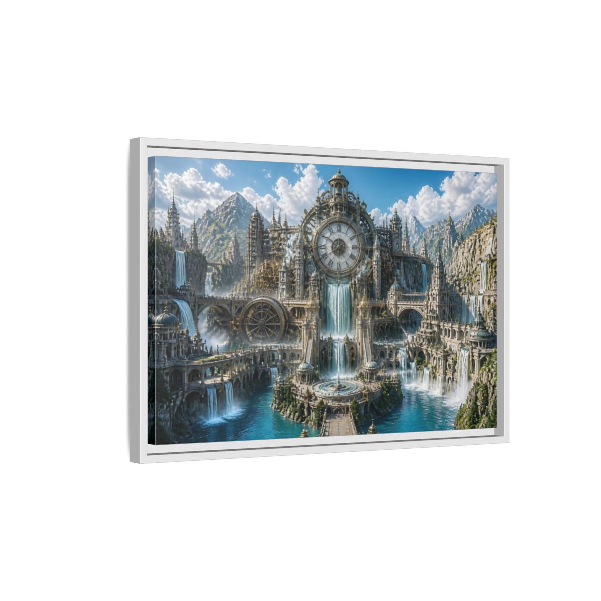 Side Mockup 1. Clockwork Water Citadel shown as framed canvas print