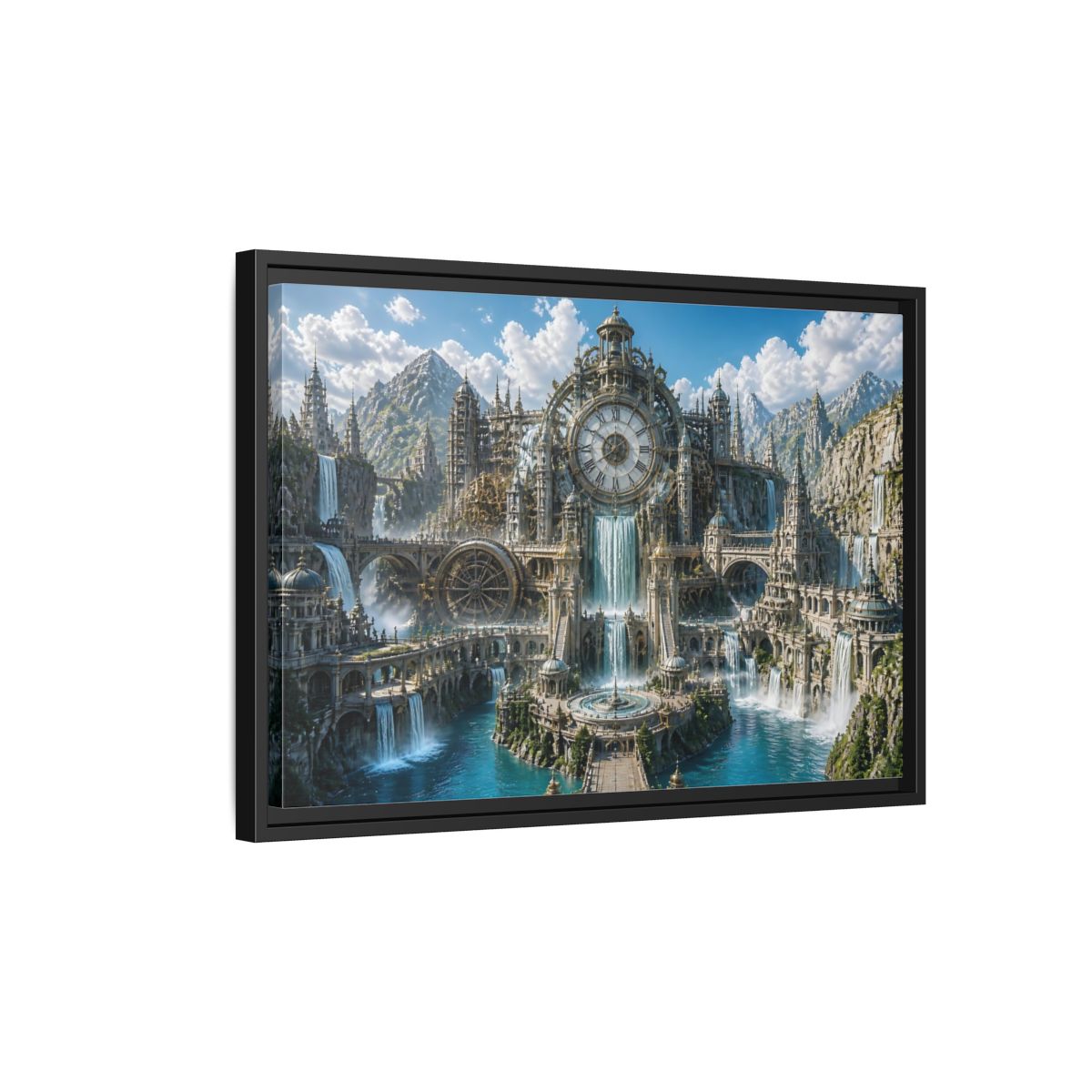 Side Mockup 3. Clockwork Water Citadel shown as framed canvas print