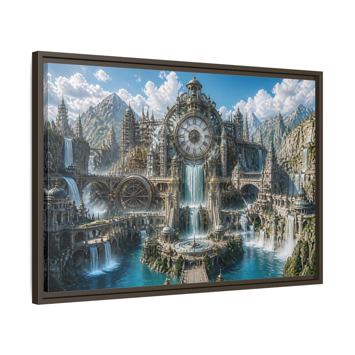 Side Mockup 11. Clockwork Water Citadel shown as framed canvas print