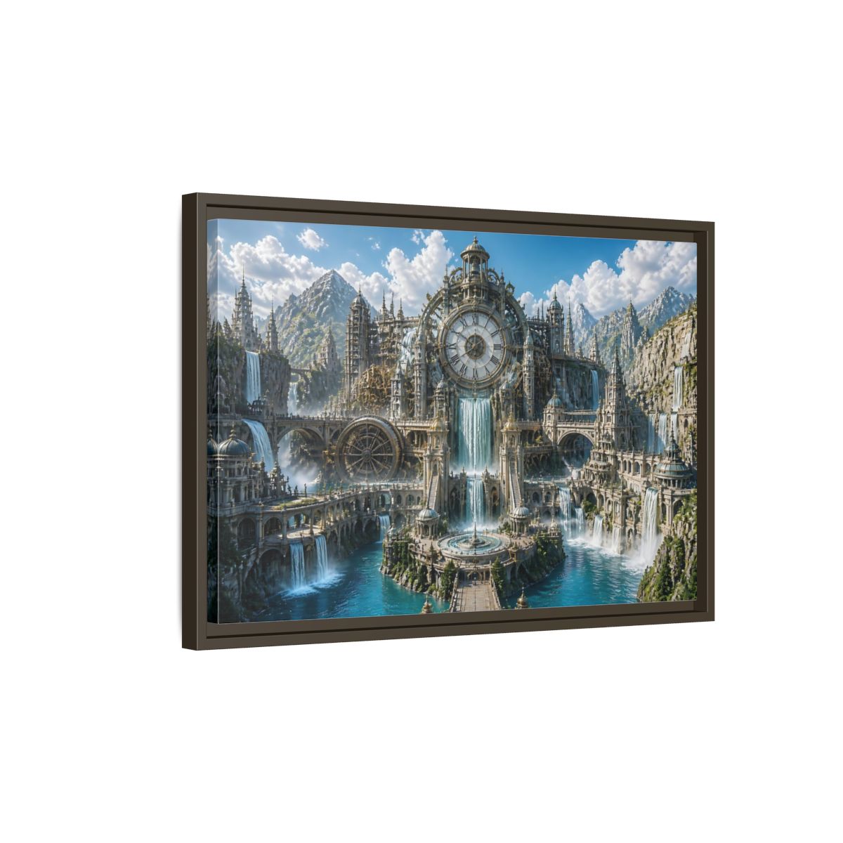 Side Mockup 2. Clockwork Water Citadel shown as framed canvas print