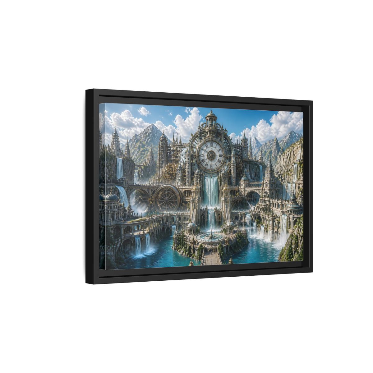Side Mockup 6. Clockwork Water Citadel shown as framed canvas print