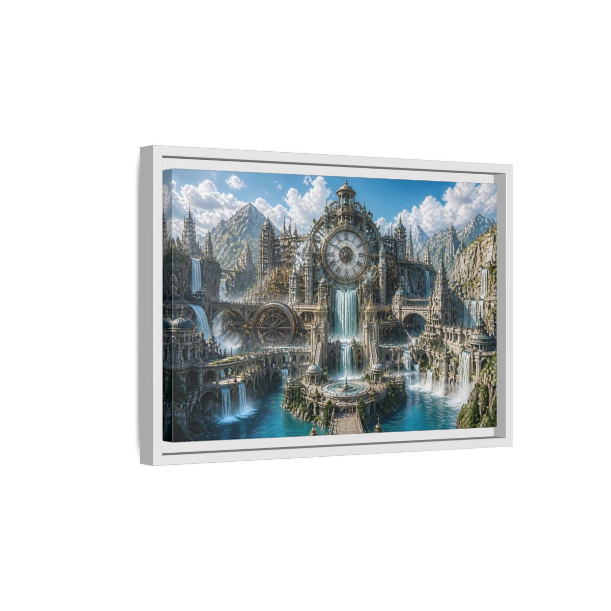 Side Mockup 4. Clockwork Water Citadel shown as framed canvas print