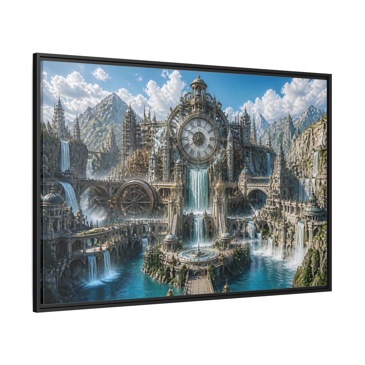 Side Mockup 12. Clockwork Water Citadel shown as framed canvas print