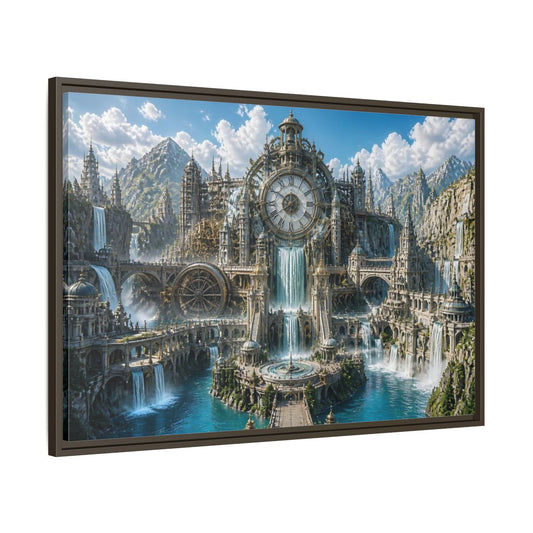 Main Mockup. Clockwork Water Citadel shown as framed canvas print