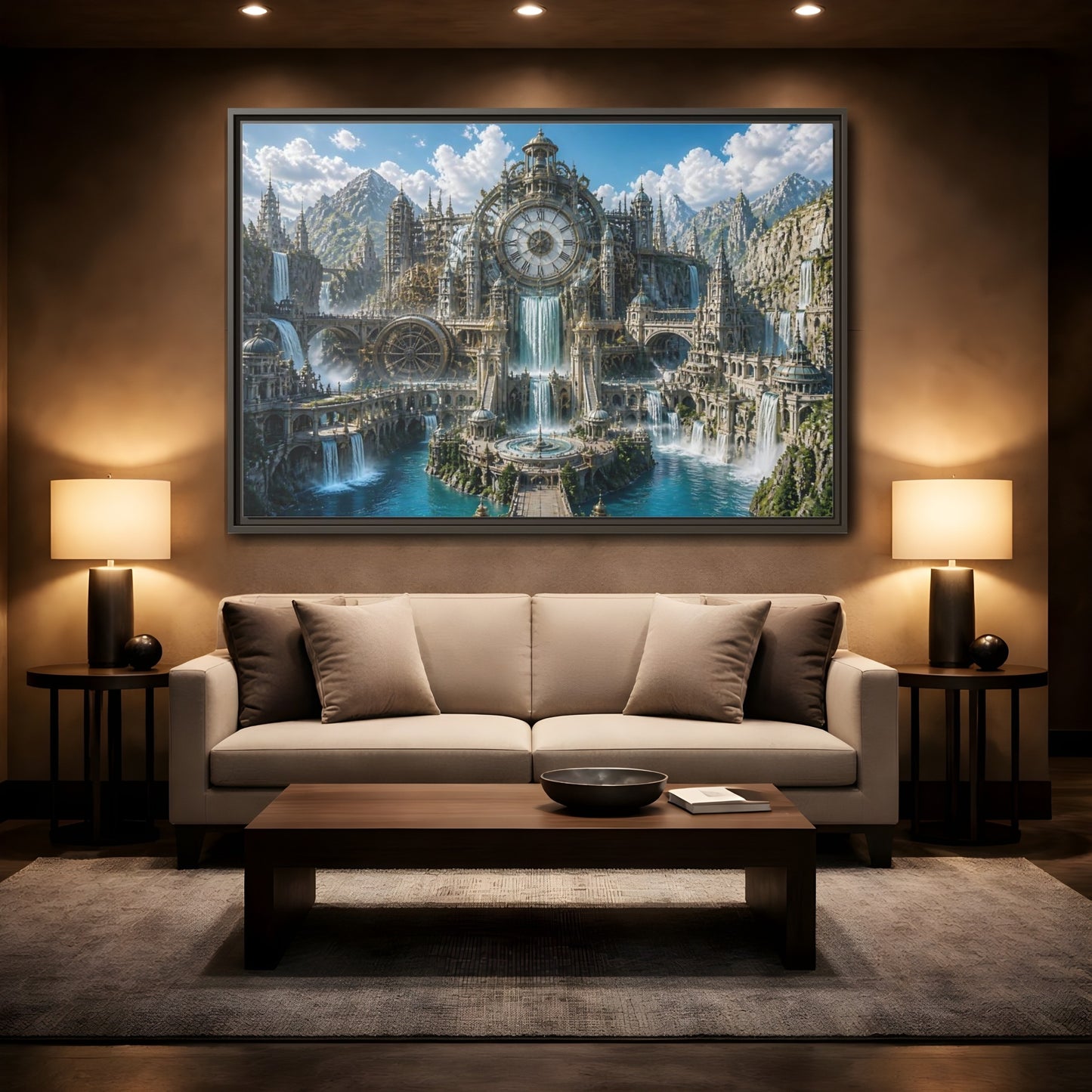 Mockup 2. Clockwork Water Citadel shown as framed canvas print