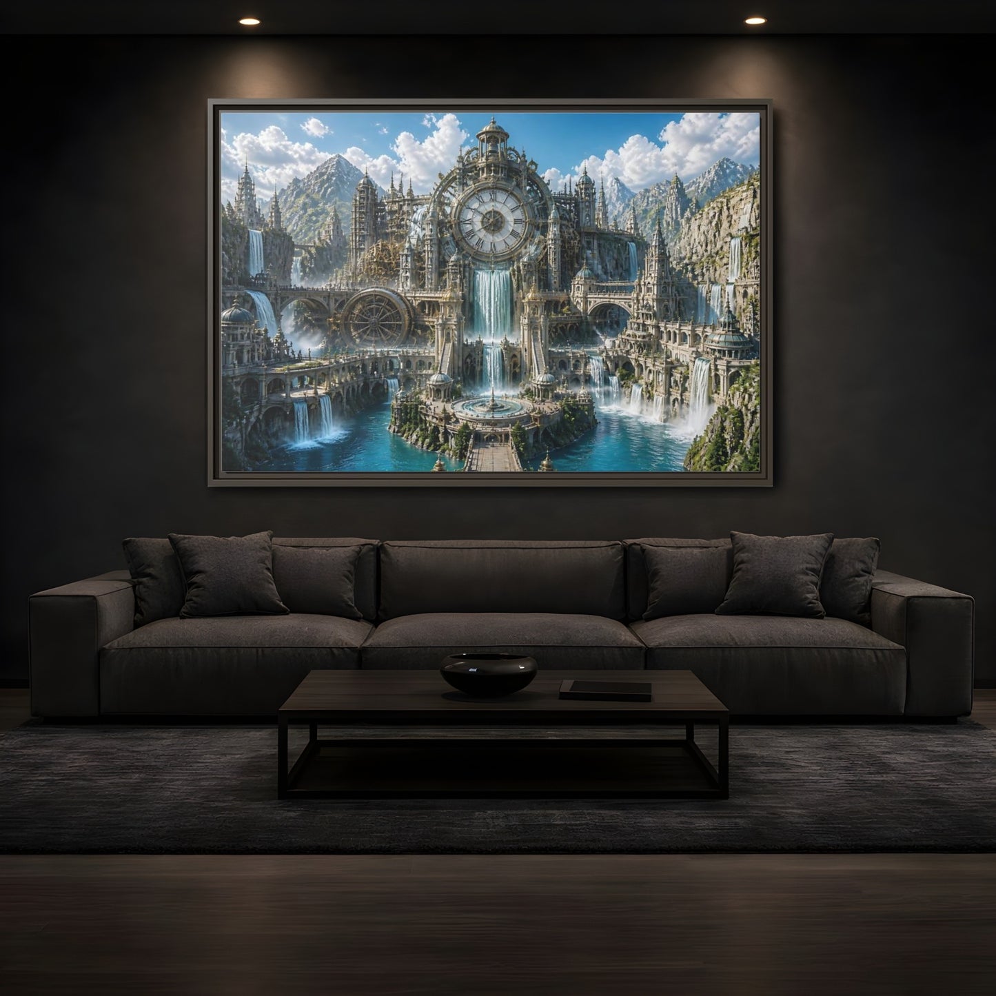 Mockup 3. Clockwork Water Citadel shown as framed canvas print