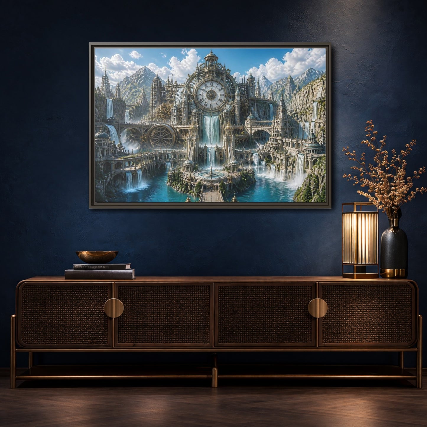 Mockup 4. Clockwork Water Citadel shown as framed canvas print