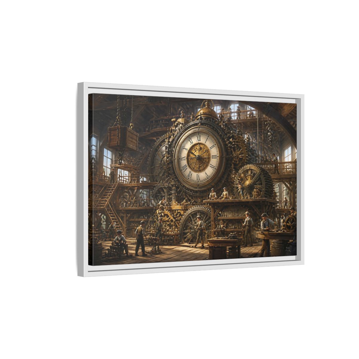 Side Mockup 1. Clockwork Workshop shown as framed canvas print