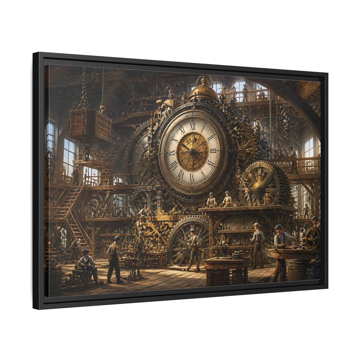 Side Mockup 14. Clockwork Workshop shown as framed canvas print