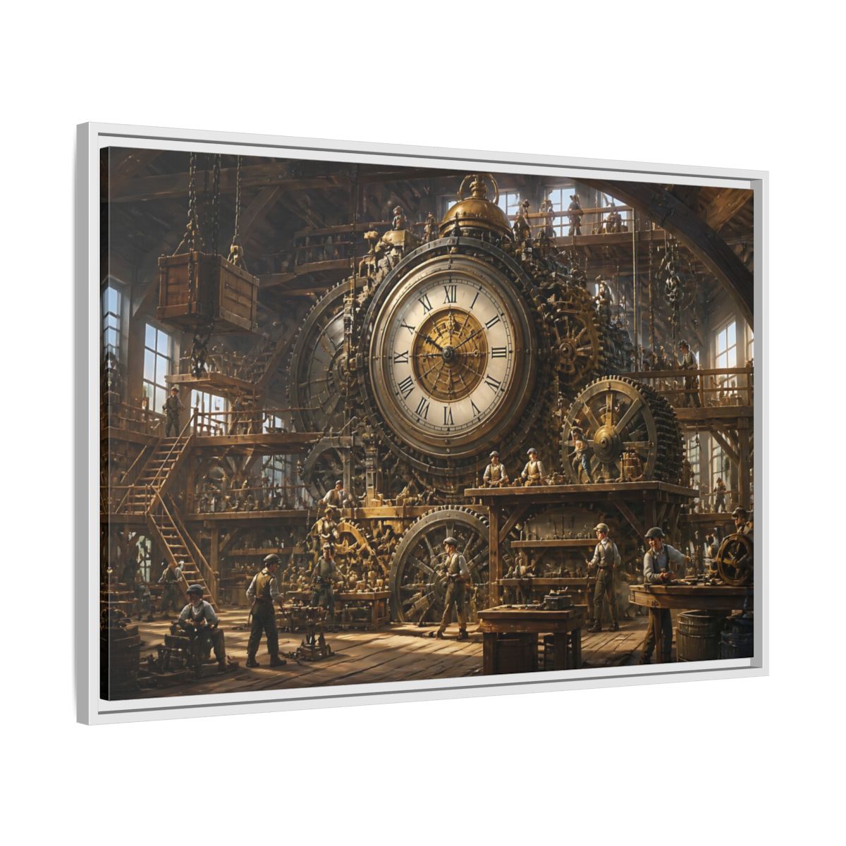 Side Mockup 9. Clockwork Workshop shown as framed canvas print
