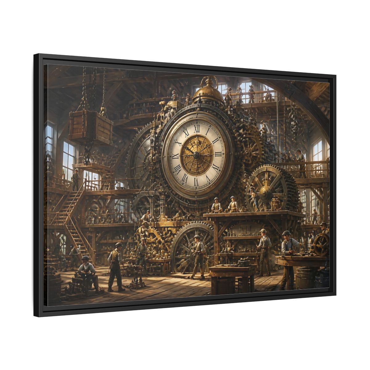 Side Mockup 13. Clockwork Workshop shown as framed canvas print