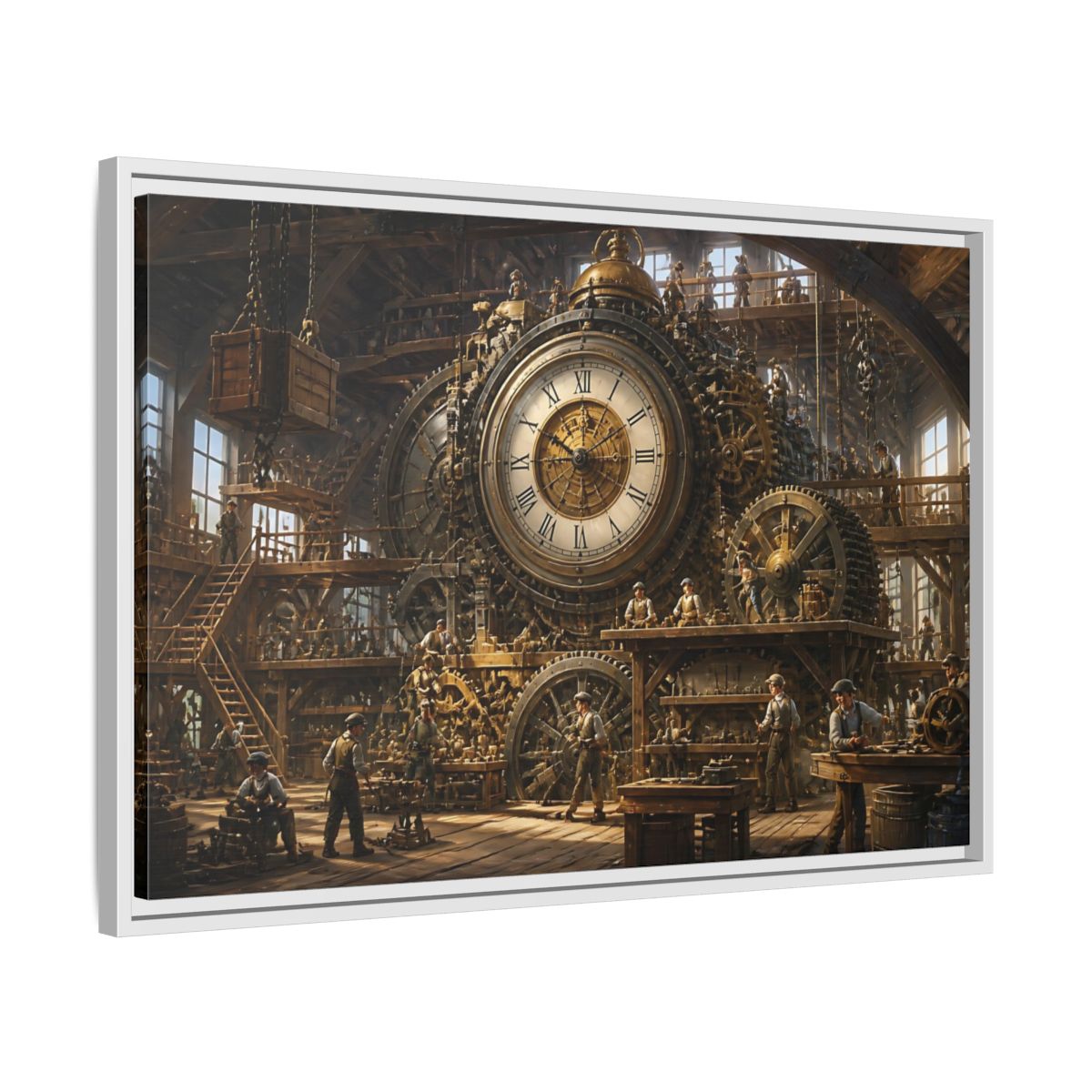 Side Mockup 10. Clockwork Workshop shown as framed canvas print