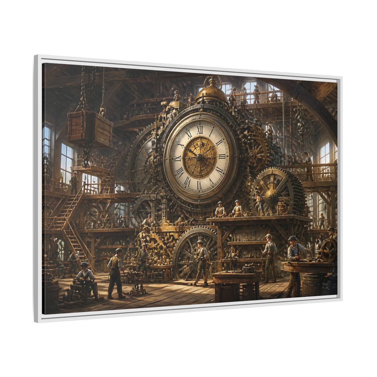 Side Mockup 7. Clockwork Workshop shown as framed canvas print