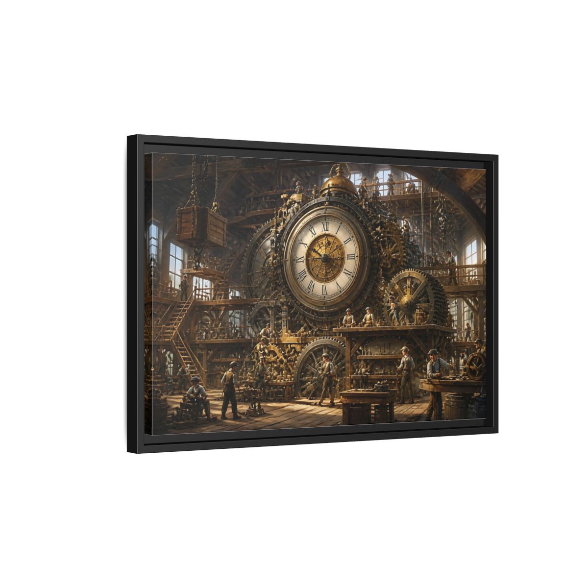 Side Mockup 3. Clockwork Workshop shown as framed canvas print