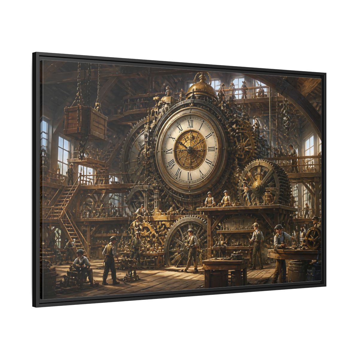 Side Mockup 12. Clockwork Workshop shown as framed canvas print