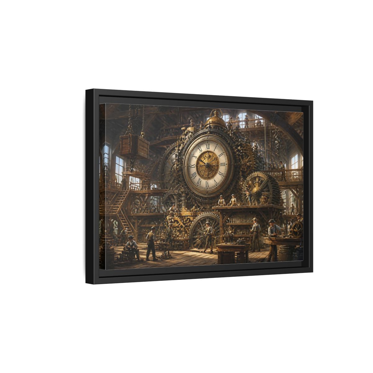 Side Mockup 6. Clockwork Workshop shown as framed canvas print