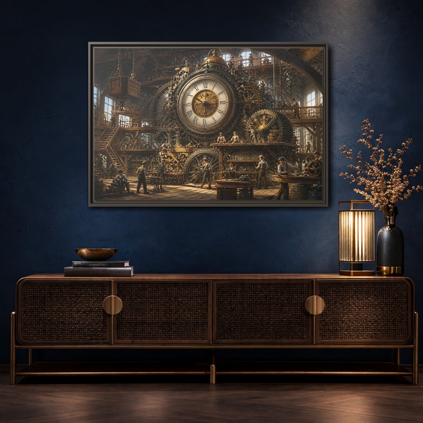 Mockup 4. Clockwork Workshop shown as framed canvas print