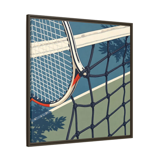 Main Mockup. Close-Up Tennis Racket shown as framed canvas print