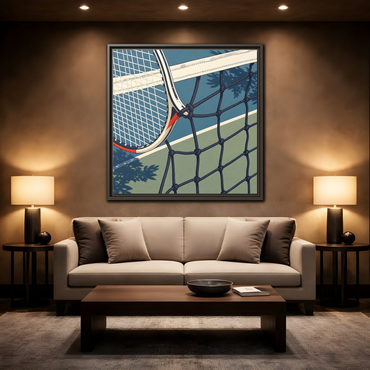 Mockup 2. Close-Up Tennis Racket shown as framed canvas print