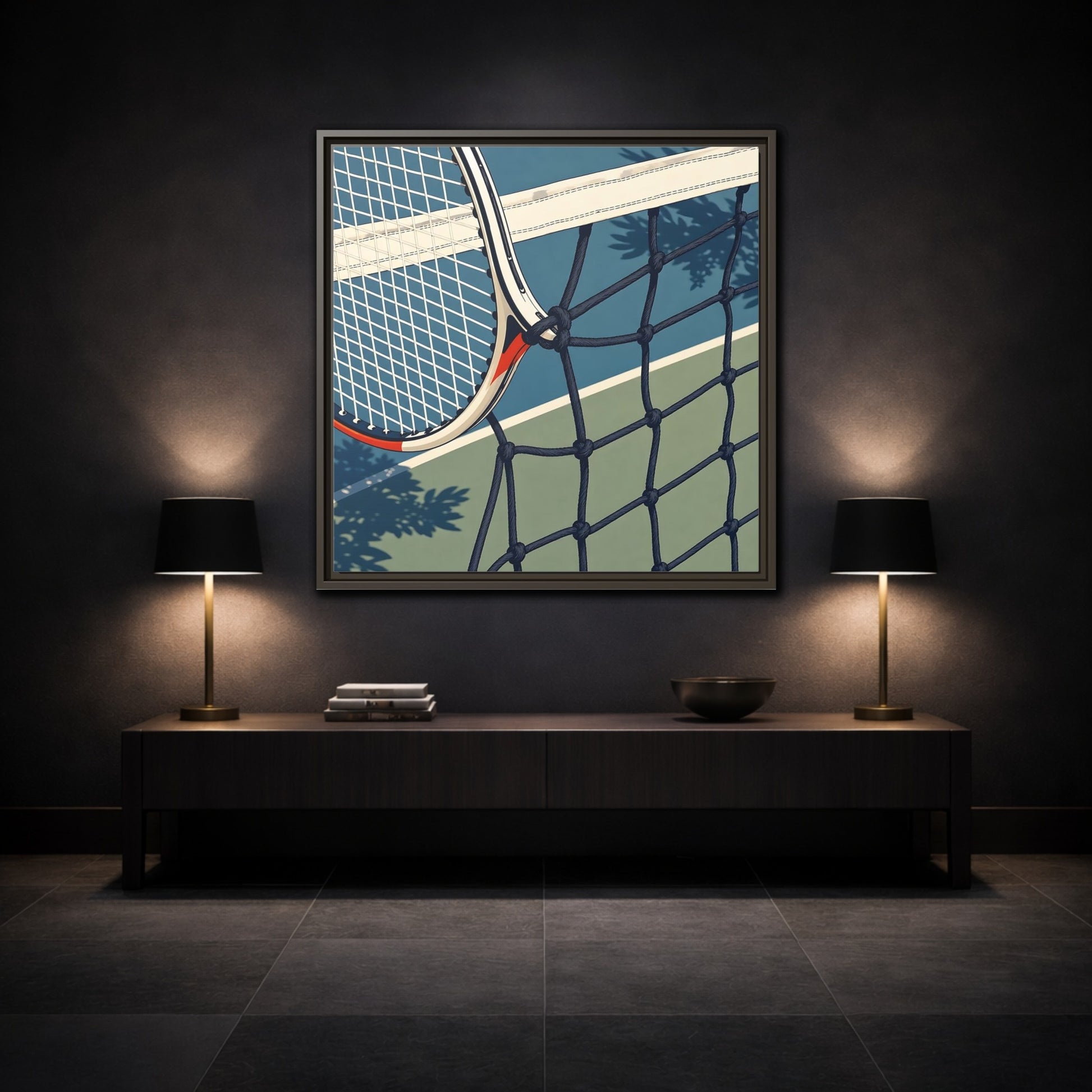 Mockup 3. Close-Up Tennis Racket shown as framed canvas print