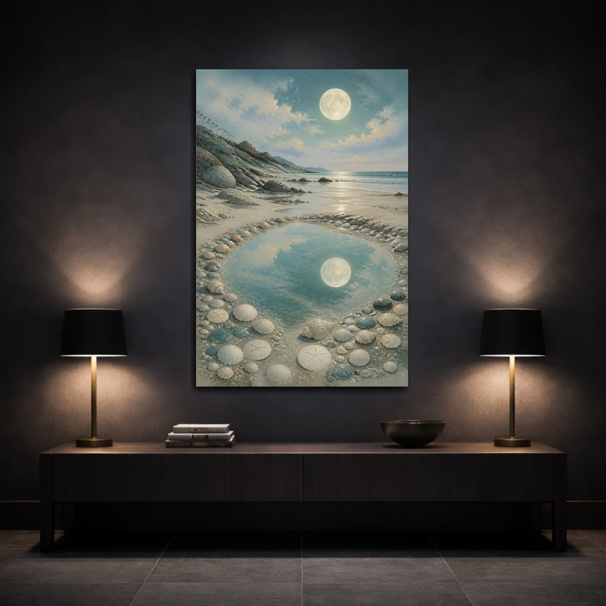 Mockup 3. Coastal Beach Moonlit Tide Pool shown as canvas print