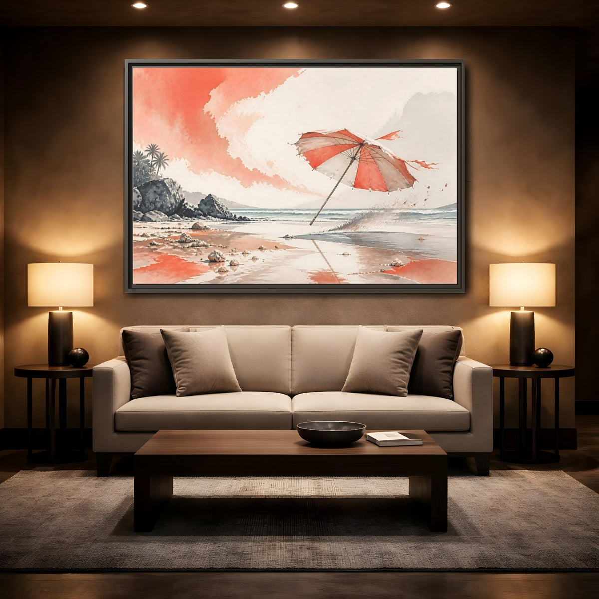 Mockup 2. Coastal Beach Umbrella shown as framed canvas print