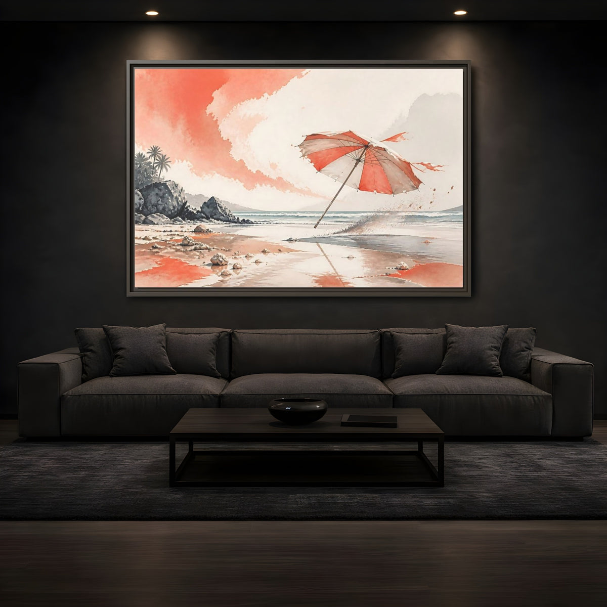 Mockup 3. Coastal Beach Umbrella shown as framed canvas print