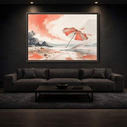 Mockup 3. Coastal Beach Umbrella shown as framed canvas print