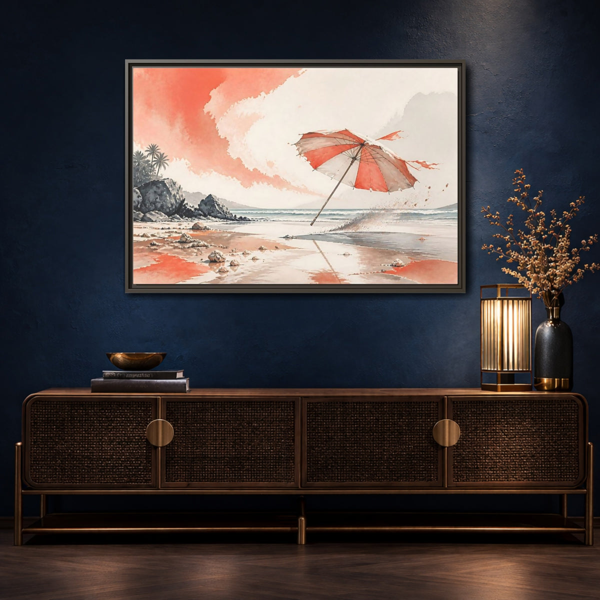 Mockup 4. Coastal Beach Umbrella shown as framed canvas print