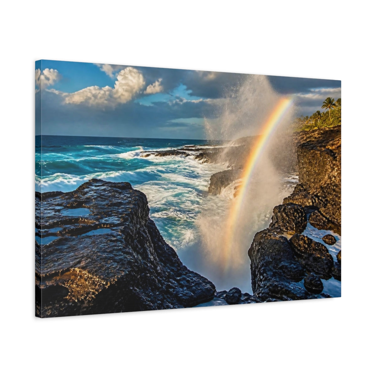 Side Mockup 2. Coastal Blowhole Rainbow shown as canvas print