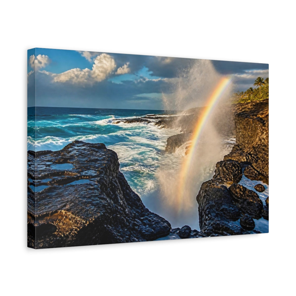 Side Mockup 4. Coastal Blowhole Rainbow shown as canvas print