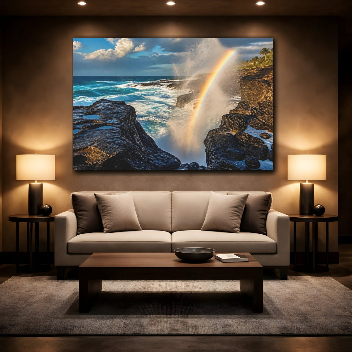 Mockup 2. Coastal Blowhole Rainbow shown as canvas print