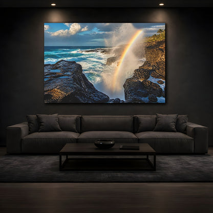 Mockup 3. Coastal Blowhole Rainbow shown as canvas print
