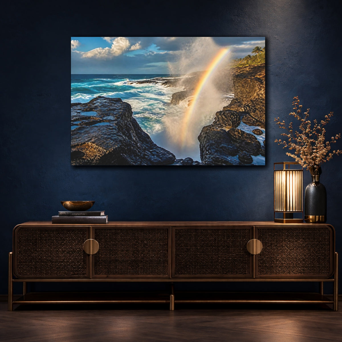 Mockup 4. Coastal Blowhole Rainbow shown as canvas print