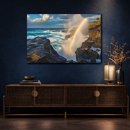 Mockup 4. Coastal Blowhole Rainbow shown as canvas print