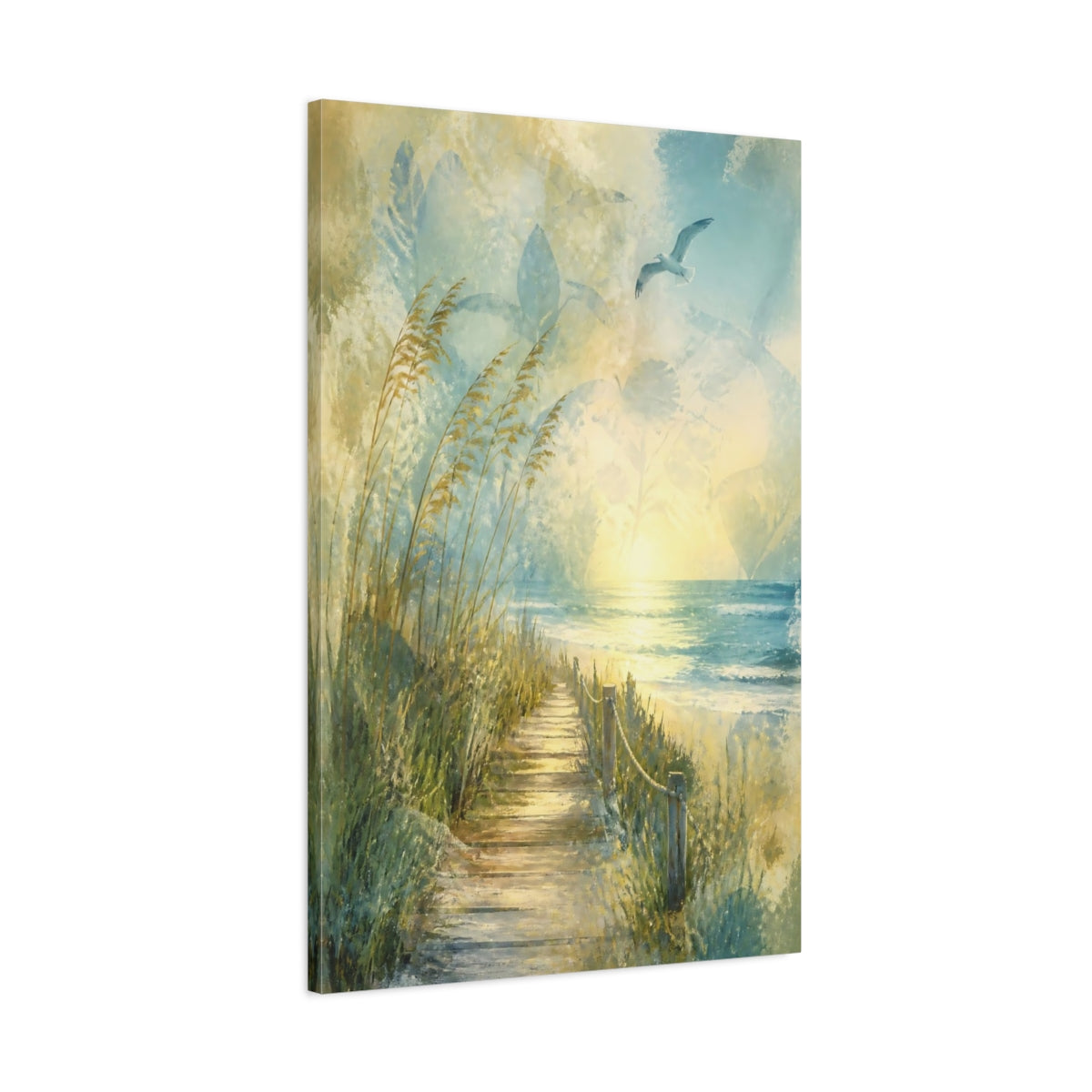 Main Mockup. Coastal Boardwalk Sunrise shown as canvas print
