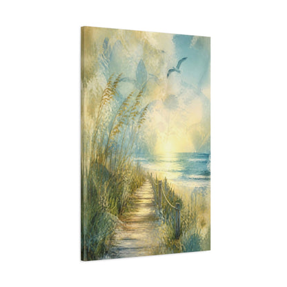 Main Mockup. Coastal Boardwalk Sunrise shown as canvas print