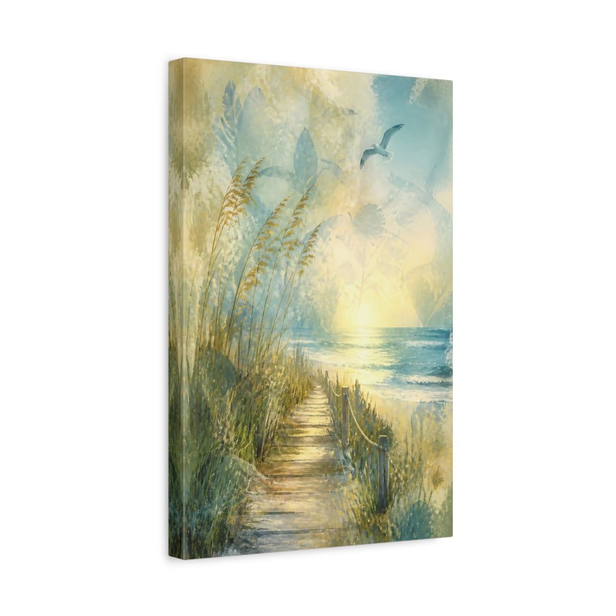 Side Mockup 4. Coastal Boardwalk Sunrise shown as canvas print