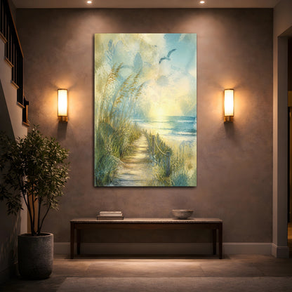 Mockup 2. Coastal Boardwalk Sunrise shown as canvas print