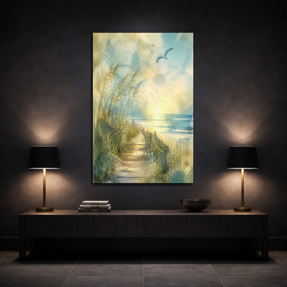 Mockup 3. Coastal Boardwalk Sunrise shown as canvas print
