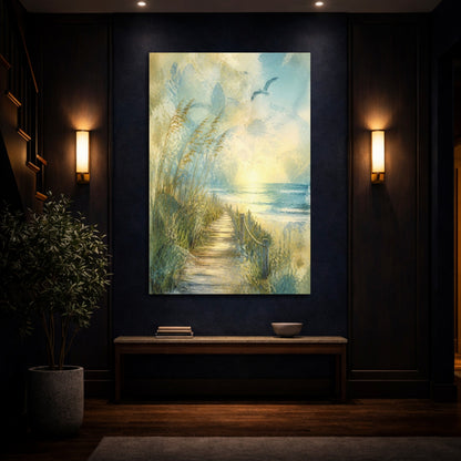 Mockup 4. Coastal Boardwalk Sunrise shown as canvas print