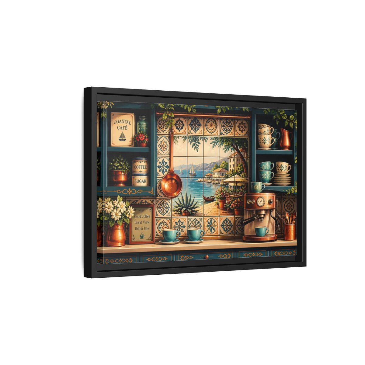 Side Mockup 6. Coastal Cafe Tile View shown as framed canvas print