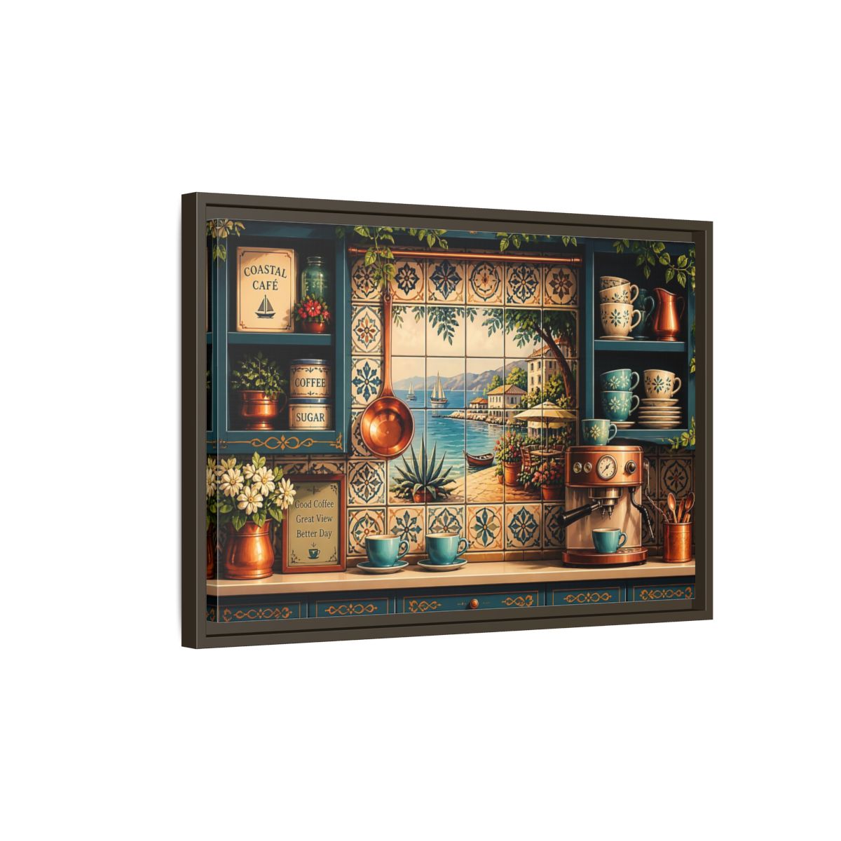 Side Mockup 2. Coastal Cafe Tile View shown as framed canvas print