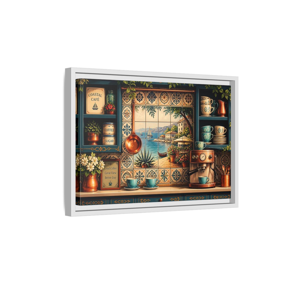 Side Mockup 4. Coastal Cafe Tile View shown as framed canvas print