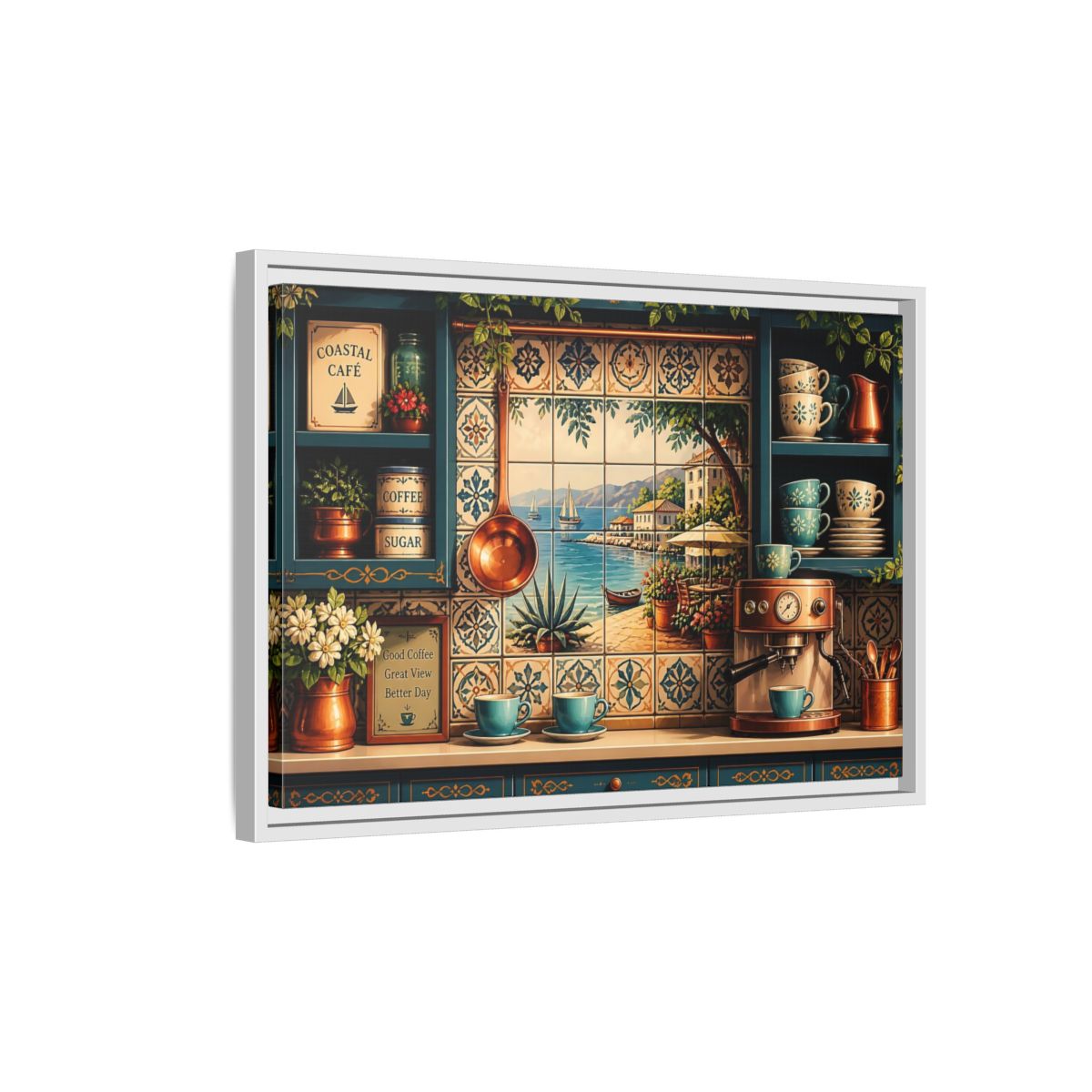 Side Mockup 1. Coastal Cafe Tile View shown as framed canvas print