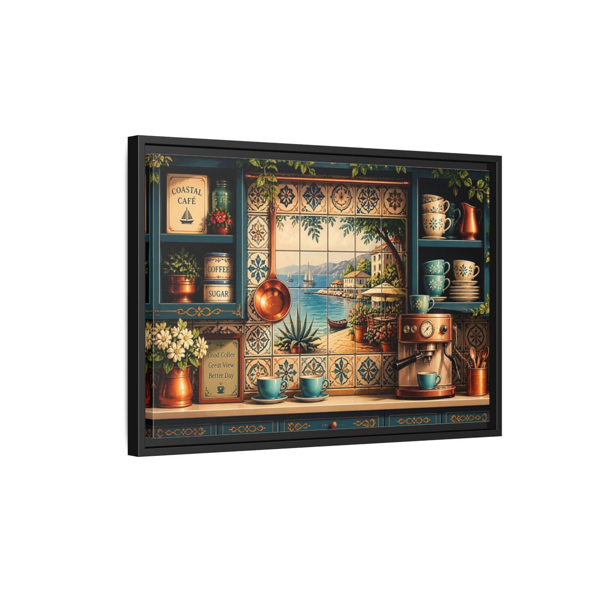 Side Mockup 3. Coastal Cafe Tile View shown as framed canvas print