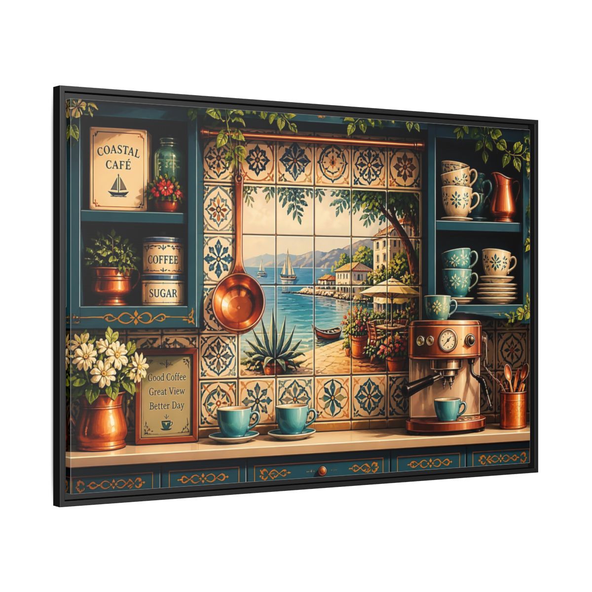 Side Mockup 12. Coastal Cafe Tile View shown as framed canvas print