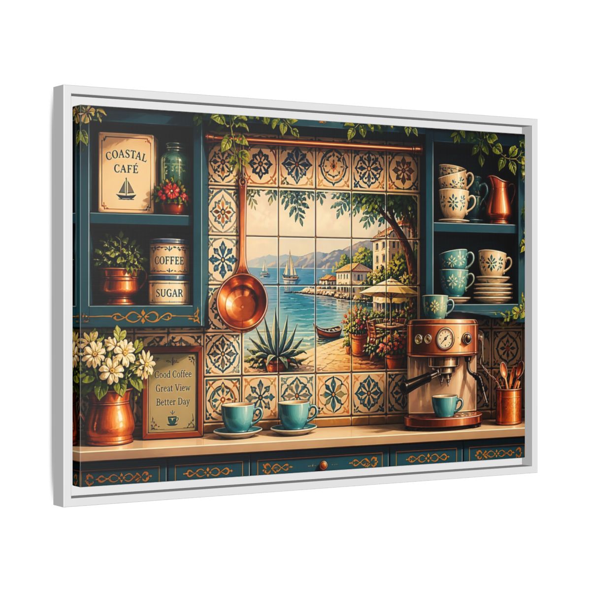 Side Mockup 10. Coastal Cafe Tile View shown as framed canvas print